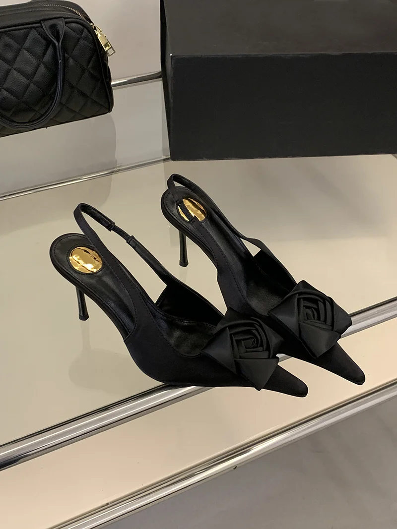 Liyke Fashion Design Satin Square Flower Pointed Toe Slingback Sandals Women Pumps High Heels Party Prom Shoes Stilettos Mujer S2415301dc77544b1bb7a981779b49523A