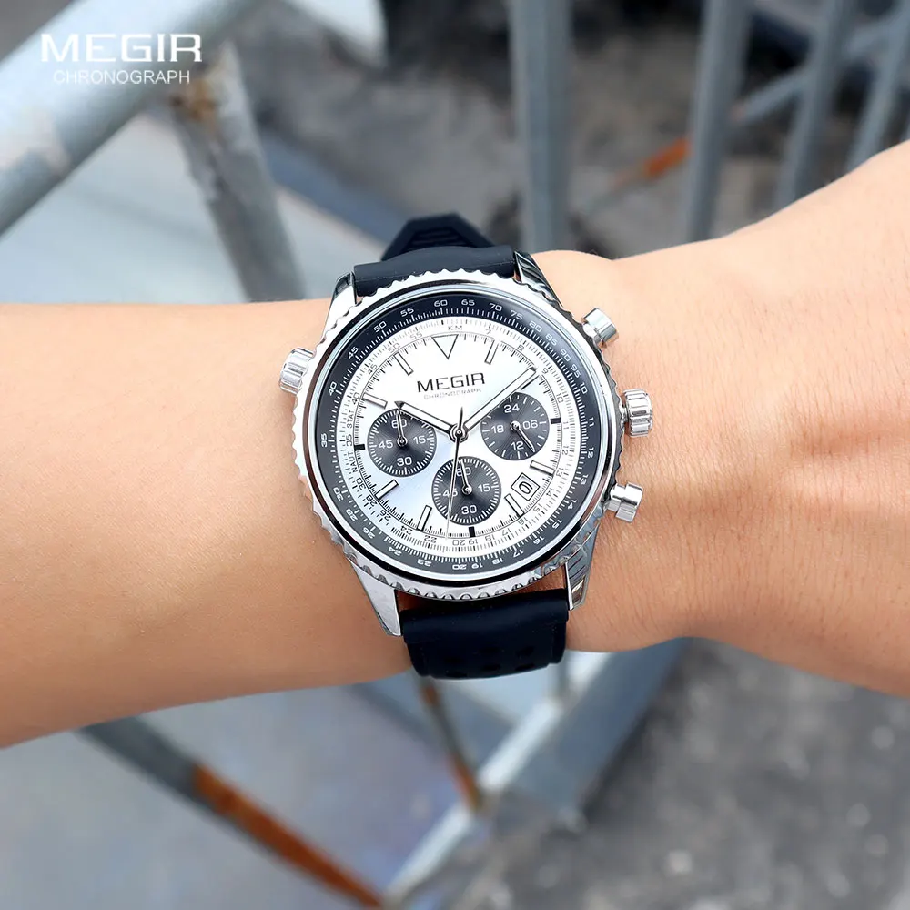 MEGIR Silver Black Quartz Watch Men Military Sport Chronograph