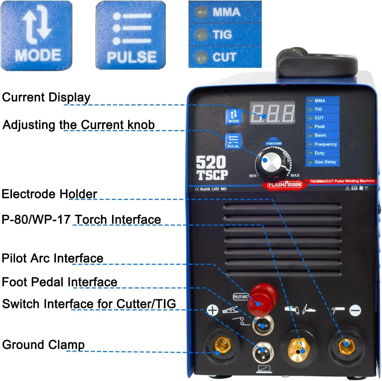 Cortador de Plasma de arco piloto, soldador TIG de pulso y Palo, Machine-520TSCP, 50A, corte por Plasma no táctil, 200A