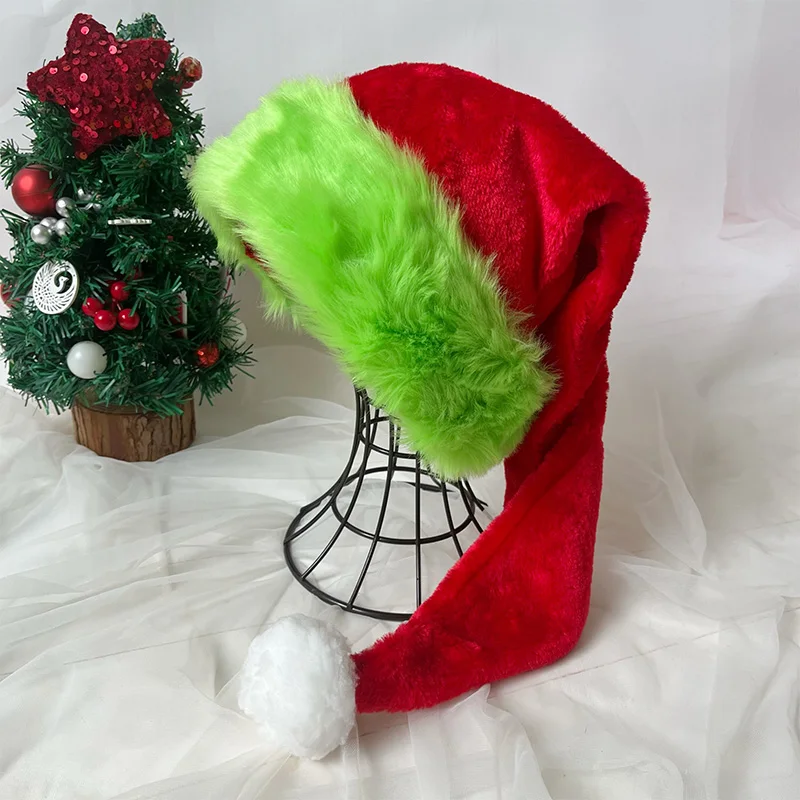 Plush Christmas hat 75CM red plush holiday decoration hat with green edge Christmas atmosphere