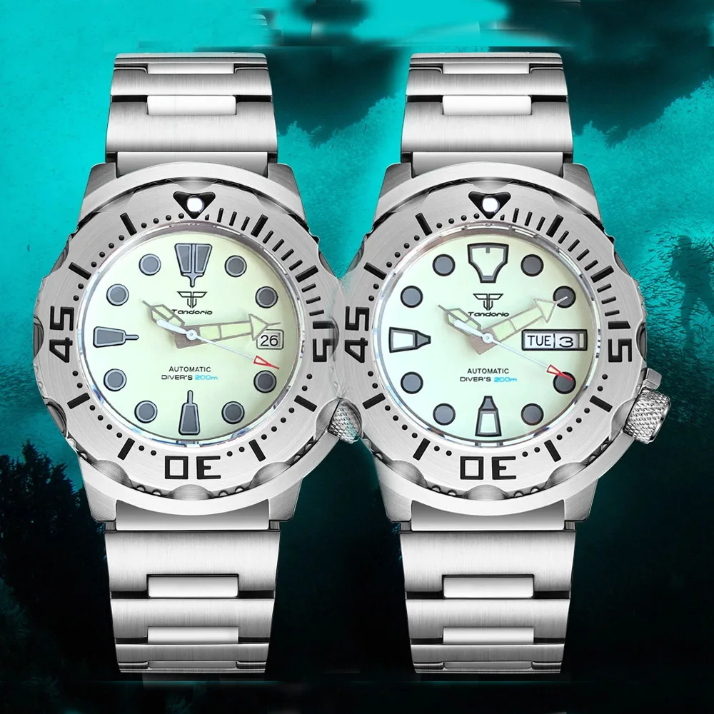 42mm Tandorio S NH36 Diver Steel Mechanical Watch for Men Fully Luminous Dial Monster Wristwatch AR Sapphire Steel Bracelet