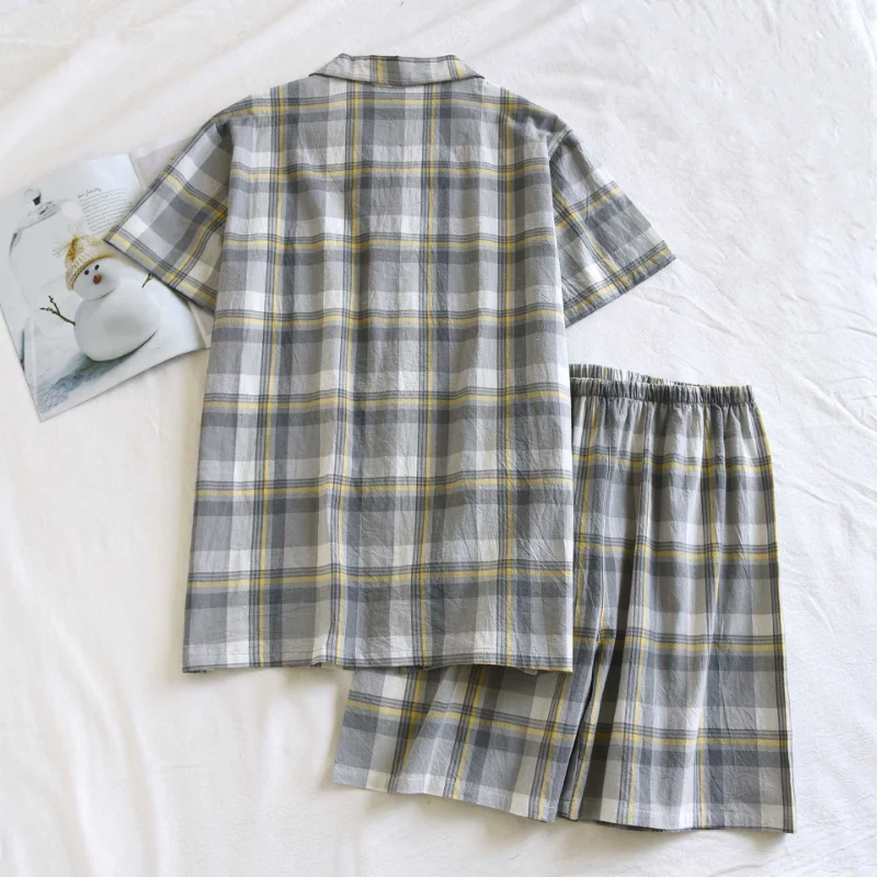 2024 Japanese New Summer Men's Pajama Set 100% Cotton Short Sleeve Shorts Two Piece Men's Set Simple Plaid Thin Homewear