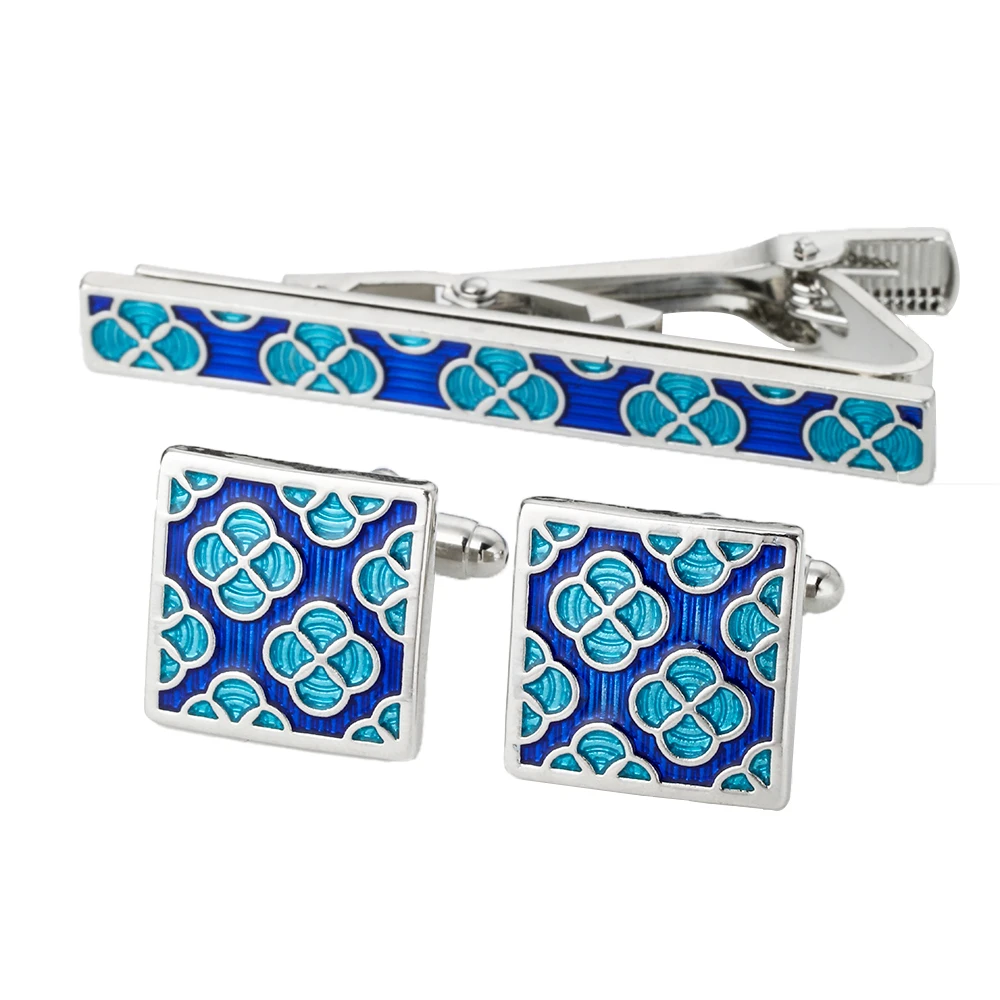 Men's Cufflinks & Tie Clip Set with Playful Blue Flower Design