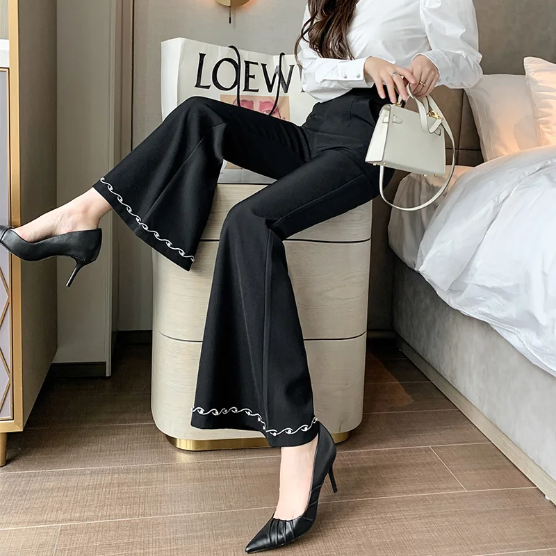Big Flare Long Bright Line Pants Floor Length Trousers Pockets Women Draped Designer Streetwear Work Career Korea Style Trousers