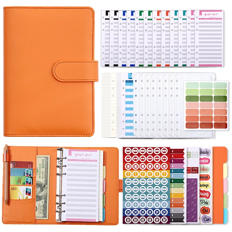 A6 Binder Budget Planner Notebook Covers Folder A6 Size 6 Hole Binder Pockets Plastic Binder Zipper Money Saving Envelope