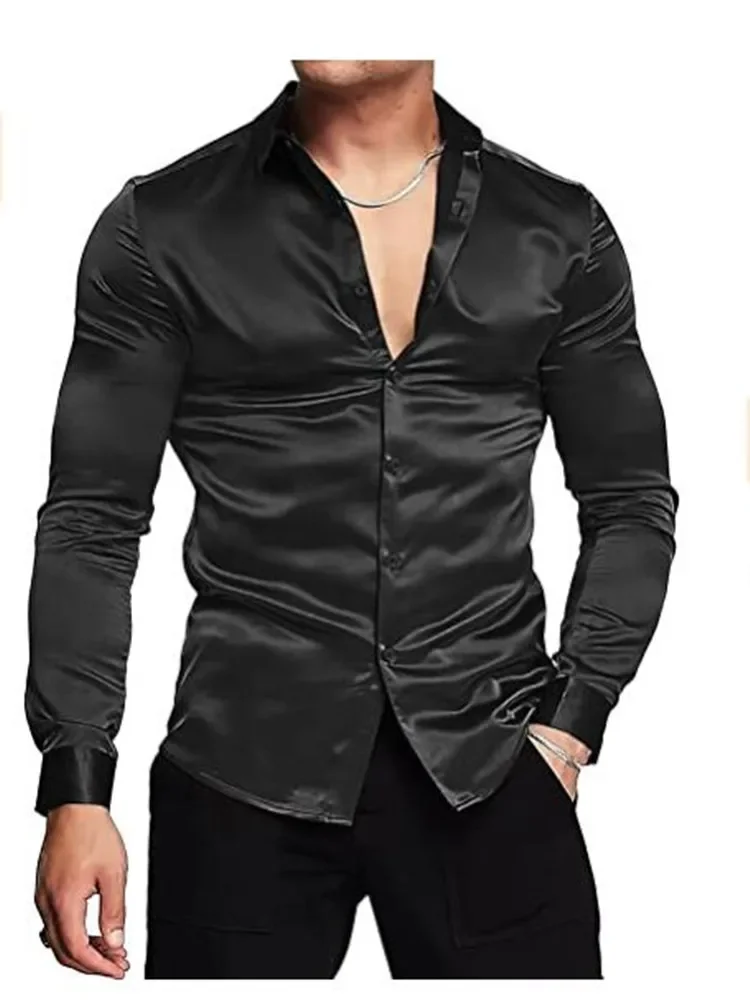 Chemise habillée en satin de soie brillante luxueuse pour hommes Chemise boutonnée mince décontractée à manches longues musculaire S-3XL grande taille