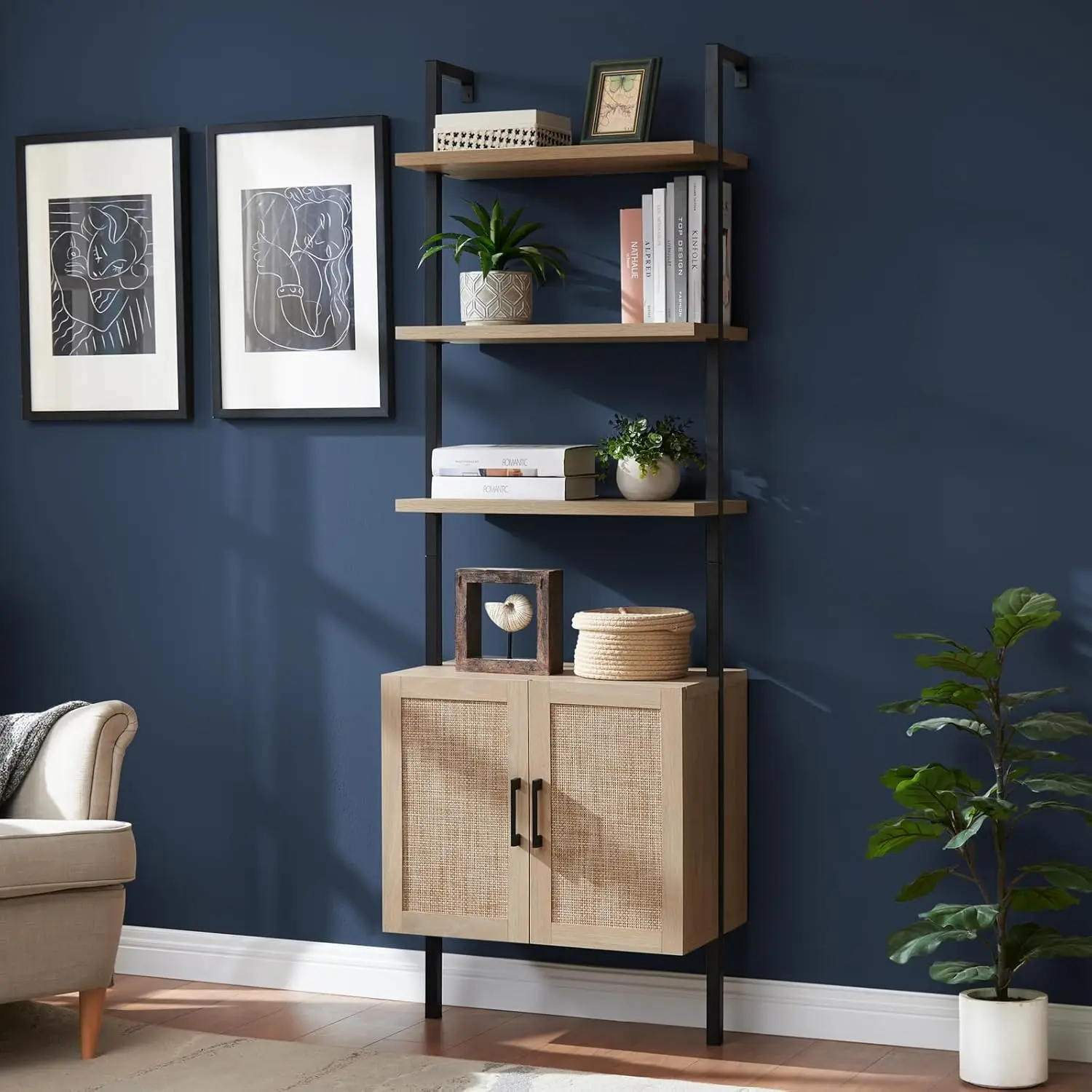 Tier Bookshelf with Rattan Cabinet, 73" Tall Bookshelf with Oak Wood Mount Bookshelves Steel Frame Pl