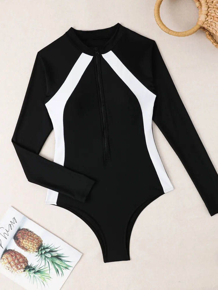 Rash Guard One Piece Woman Swimsuit Long Sleeve Swimwear Women Sexy Bikini Beach Swimming Suit Surf Bathing Suit Monokini
