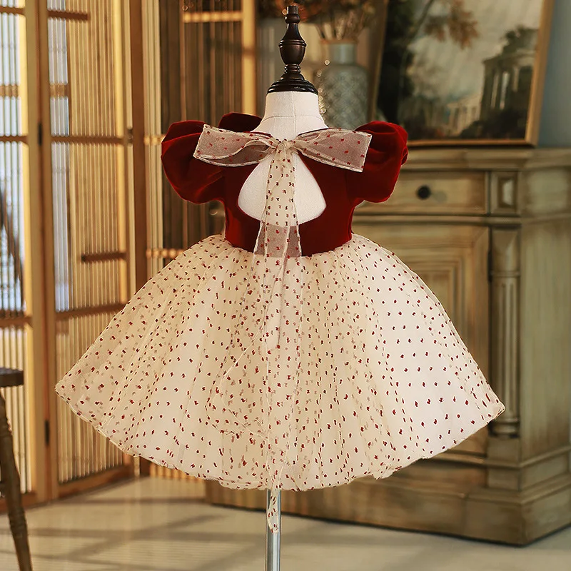 

Baby Girl Flower Polka Dots Dress Kids Bridemaid Dresses For Children Vintage Ball Gowns Girls Wedding Party Elegant Frocks