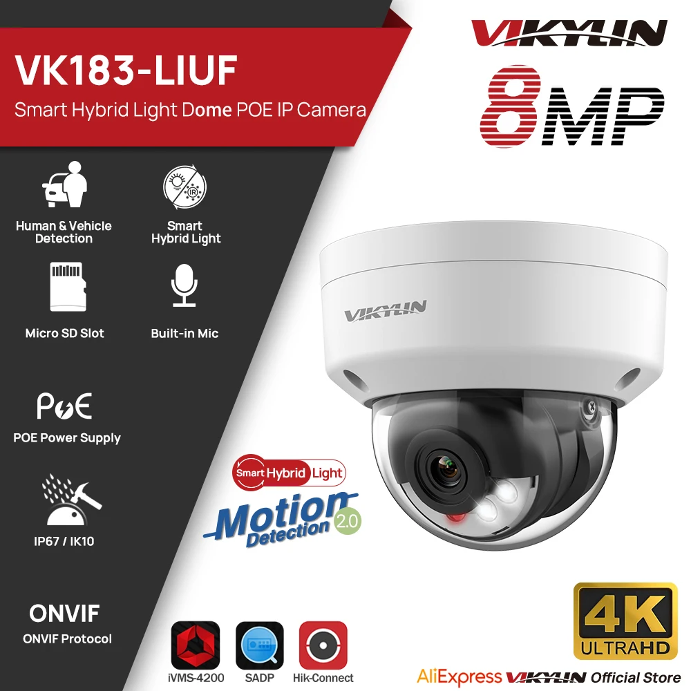 

VIKYLIN 8MP 4K Security IP Camera Smart Hybrid Light Human Vehicle Detect SD MIC IP67 POE Hikvision OEM IPC DS-2CD1183G2-LIUF