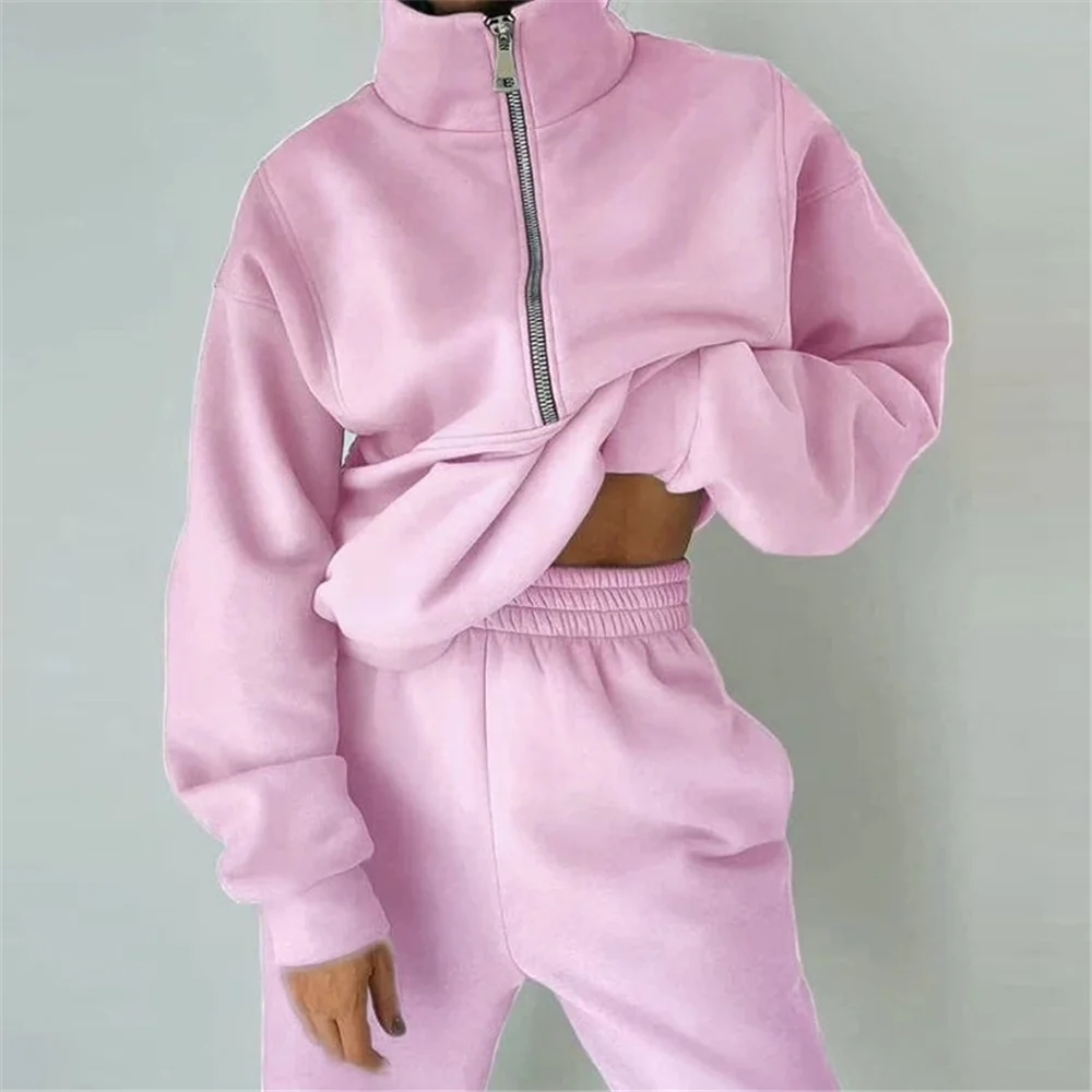 

Women Autumn Winter Female Sports Warm Suit Casual Polo Zipper Sweatshirts And Trouser Tracksuits Fleece Two Piece Set