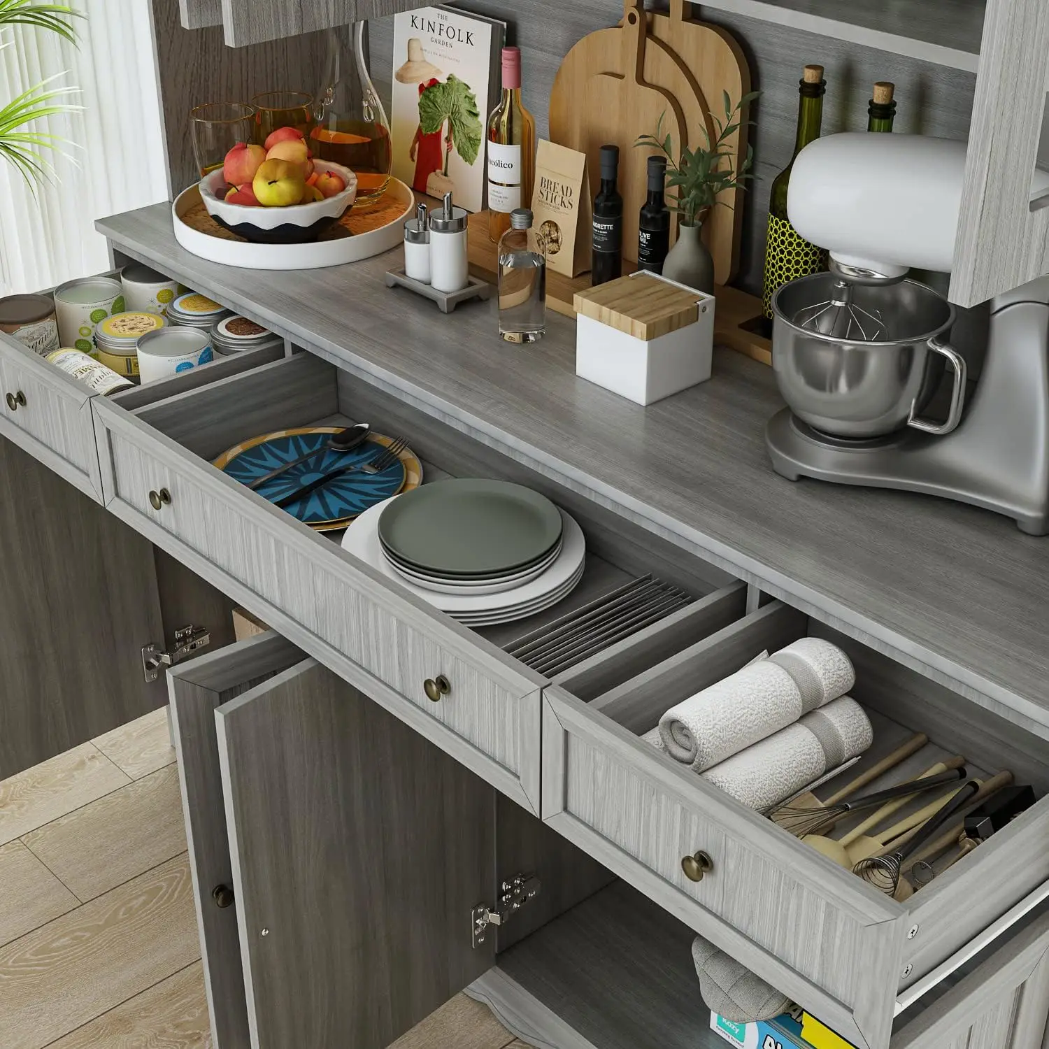 75.9 Kitchen Pantry Cabinet with Glass Doors & Hutch, Large Wood Storage Cabinet with 8 Shelves & 3 Drawers