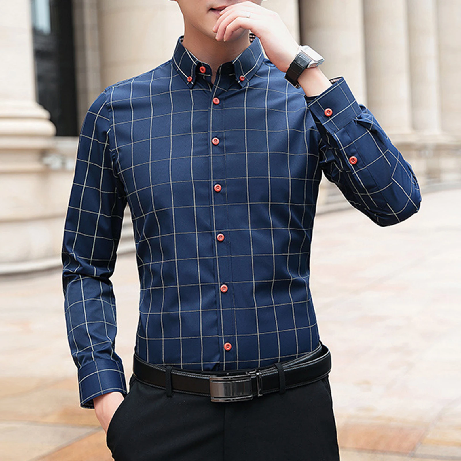 Men Casual Shirt Plaid Print Turn down Collar Single breasted
