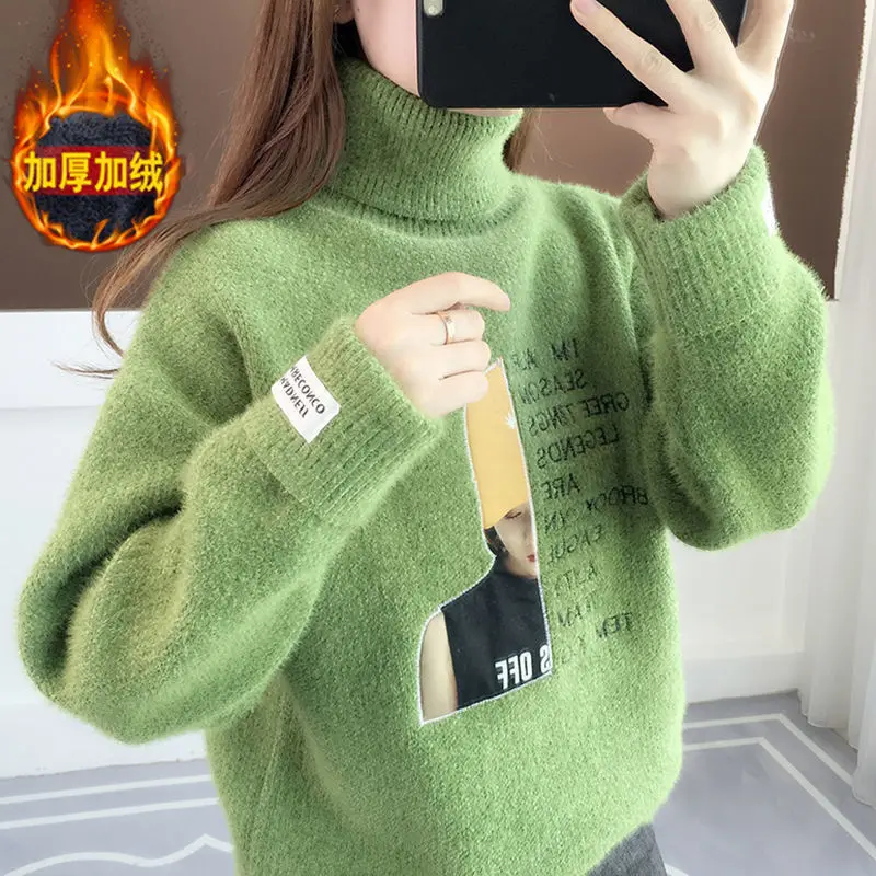 

Winter Women's High Neck Sweater Warm Fur Lined Coat Knit Pullover Korean Fashion Faux Mink Fleece New Loose