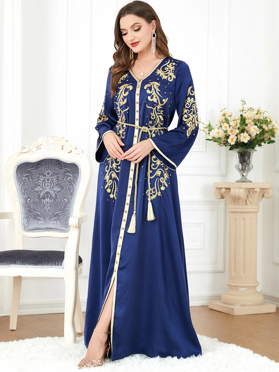 Elegant Casual Floral Embroidery Beaded Long Sleeve Muslim Dresses Party Belted Kaftan Modest Clothing Women Ramadan