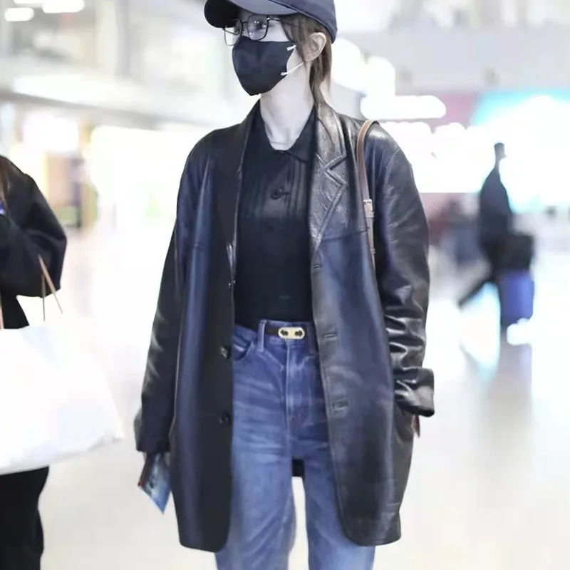

Qin Lan, A Celebrity With The Same Genuine Leather Jacket, Women's Mid Length Sheep Leather Loose Fitting Suit Collar Jacket