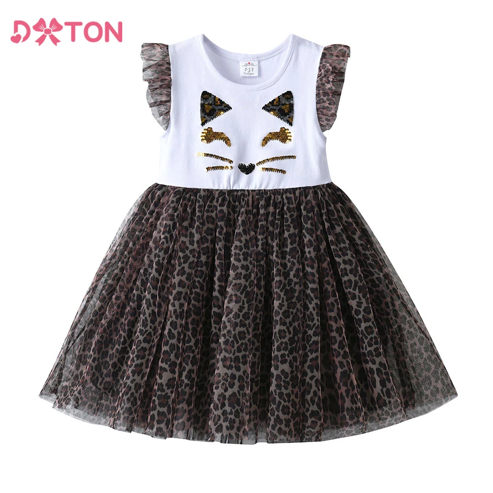 Baby Girls Dresses Flying Sleeveless Summer Kids Dresses Cartoon Children Clothing Leopard Print Mesh Tutu Dress For Girls girls dress kids clothes