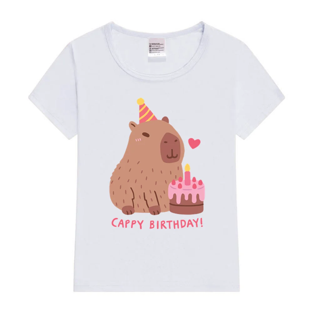 Cute Capybara And Cake Happy Cappy Birthday Kids T-Shirt Print Girls Clothes Child T-shirt White Short Sleeve Tee 1-12 Year 4
