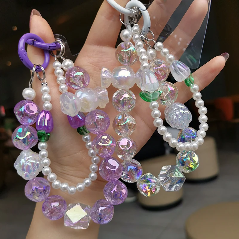 Handy-Gurt-Handgelenk-Kette, bunte runde Perlen, handgefertigt, Perlen-Perlen-Anhänger, kurze Handyhülle, universell, Anti-Verlust, Landyard_voghion.com