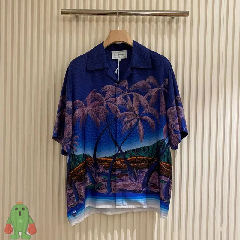 

Summer Casablanca Shirts Blue Sunset Palm Print Soft Short Sleeve Beach Shirt
