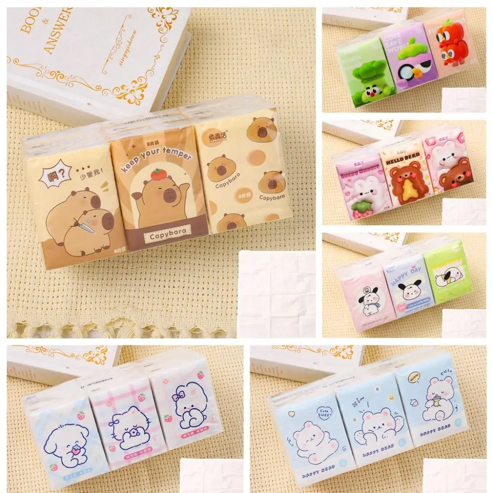 Cartoon 9 Packs Capybara Handkerchief Paper Soft Cleaning Bear Toilet Paper Skin-friendly 3Ply Capybara Peripheries Wipe Hands