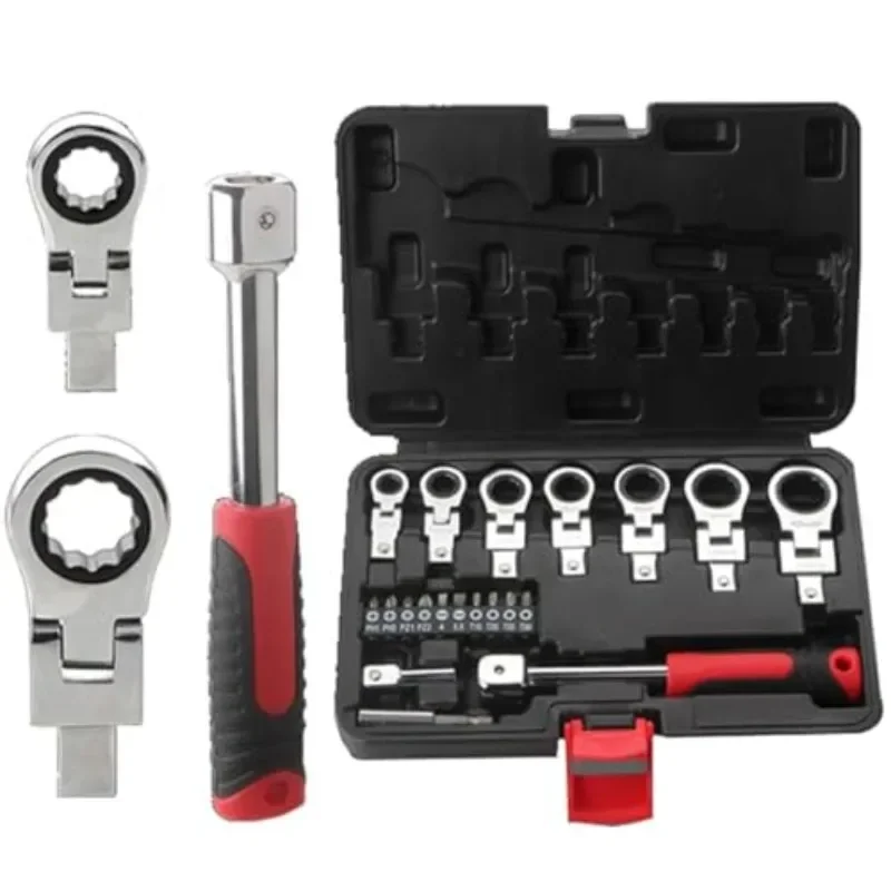 Interchangeable Variable Diameter Heads (8-19mm) Case 20PCS Flex Head Ratchet Wrench Set Metric Rotatable Combination Wrench