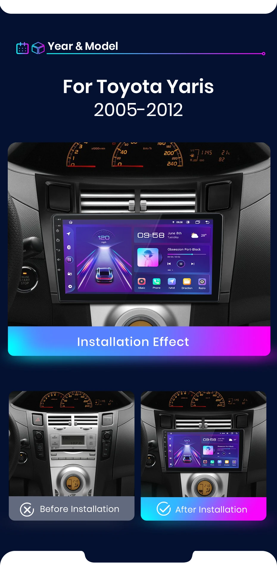 Android Autoradio für Toyota Yaris 2005-2012 9 Zoll GPS Navigation Carplay DSP Bluetooth FM Lenkradbedienung