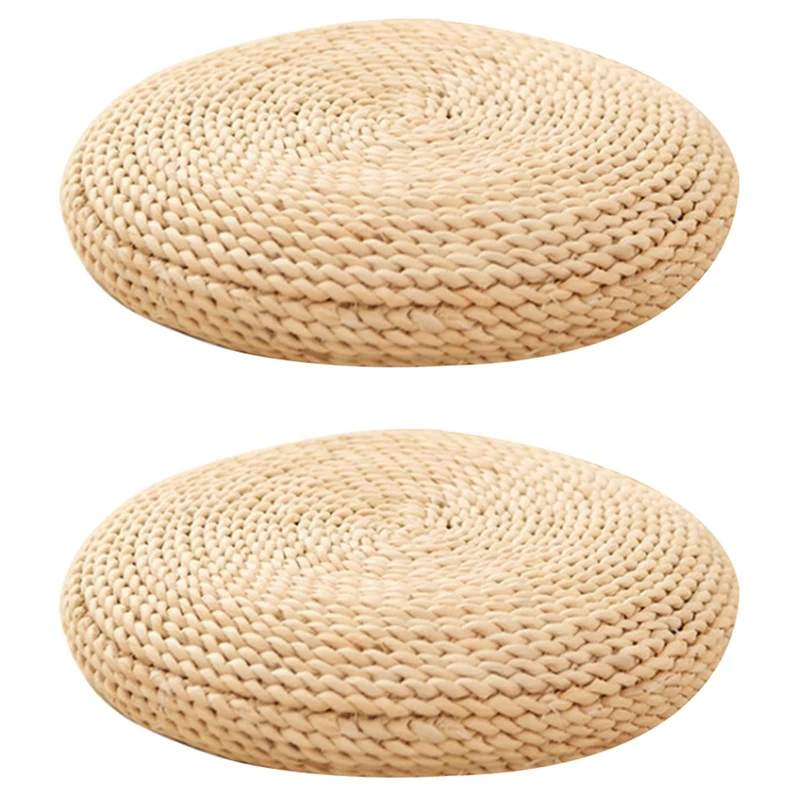 

2X Round Natural Pouf Hand-Made Weaving Cushion Fill The Silk Floss Pillow Soft Yoga Chair Seat Mat Tatami Window Pad(B)