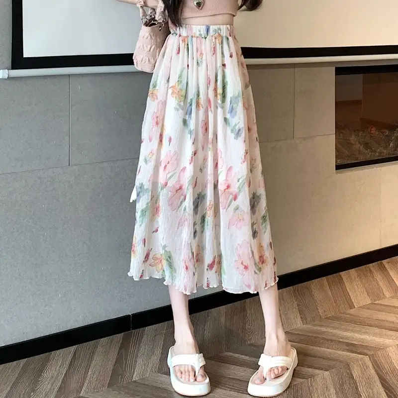 Fairy Broken Flowers A-Line Skirts Summer High Waist Elastic Women's Clothing Folds Stylish Split Drawstring Bow Midi Skirts New