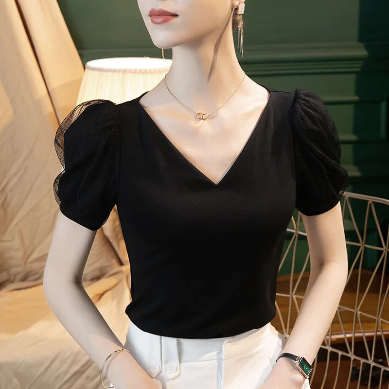 

High Quality 2024 Women Tops Gauze Splice Design Spring Summer T-shirt Female Clothing Sexy Crop Top Clothes Casual Blouse Y2k