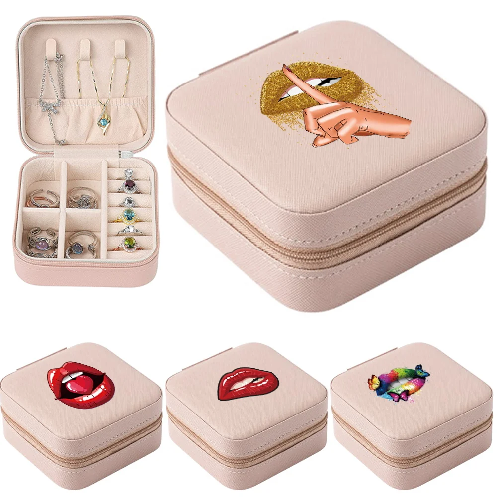 

Portable Jewelry Display Boxes Pu Leather Mouth Print Travel Jewelry Case Boxes Earrings Necklace Ring Lipstick Storage Box