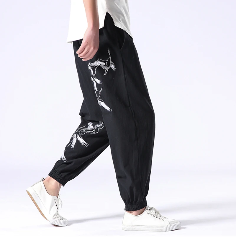Description Picture 3 of itemCotton Linen Ankle-Length Pants Men's Retro Crane Embroidered Harem Pants Loose Men's Joggers Streetwear Pants