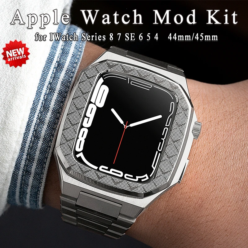 Luxury 316L Modification Kit for Apple Watch 8 7 45mm Mod Kit Lines Metal Steel Case Bezel Strap