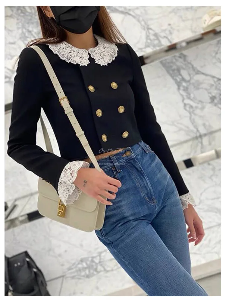 

French Style Peter Pan Collar Embroidery Black Women Jacket Fashion Blazer Vintage Coat Female Elegant Mujer Streetwear Spring