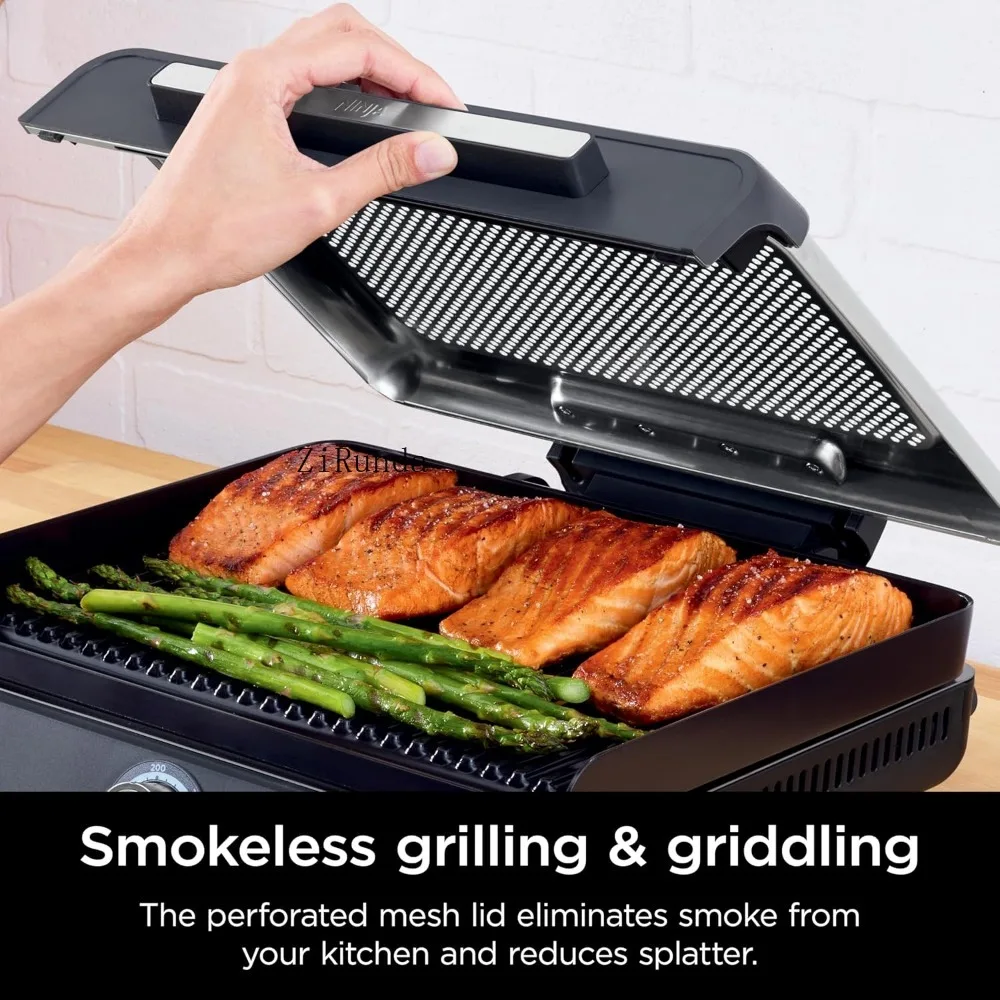 Smokeless Indoor Grill&Griddle,14'' Interchangeable Nonstick Plates,Dishwasher-Safe Removable Mesh Lid,Even Edge-to-Edge Cooking 4