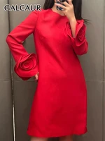 GALCAUR-فساتين مزينة بقطع القماش للنساء ، فساتين قصيرة ، رقبة مستديرة ، أكمام طويلة ، أحادية اللون ، فستان فضفاض غير رسمي ، ملابس نسائية ، خريف 1