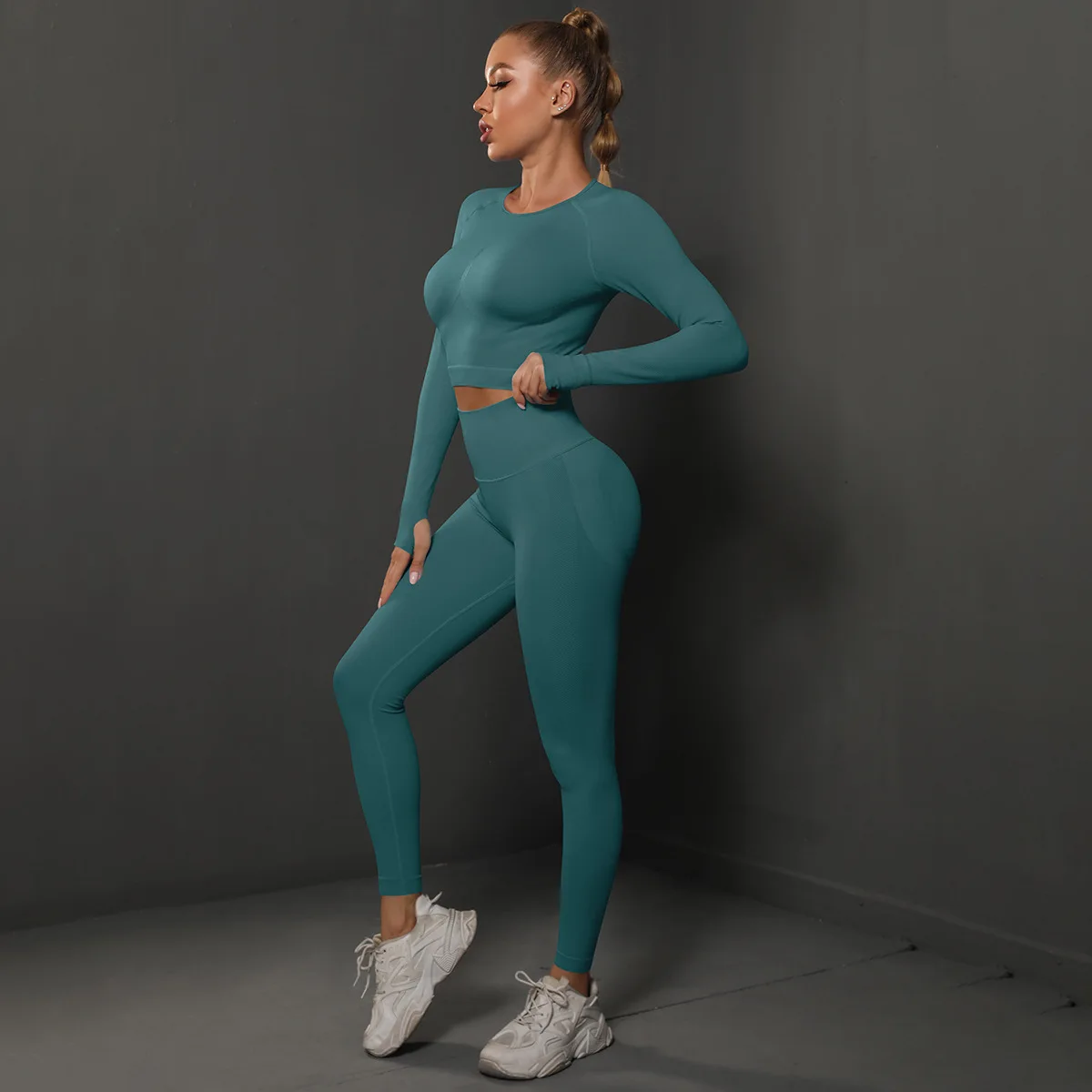 

Женский спортивный костюм для фитнеса, комплект из двух предметов, однотонный бесшовный комплект для занятий йогой на беге, с длинным рукавом, комплект одежды для тренировок