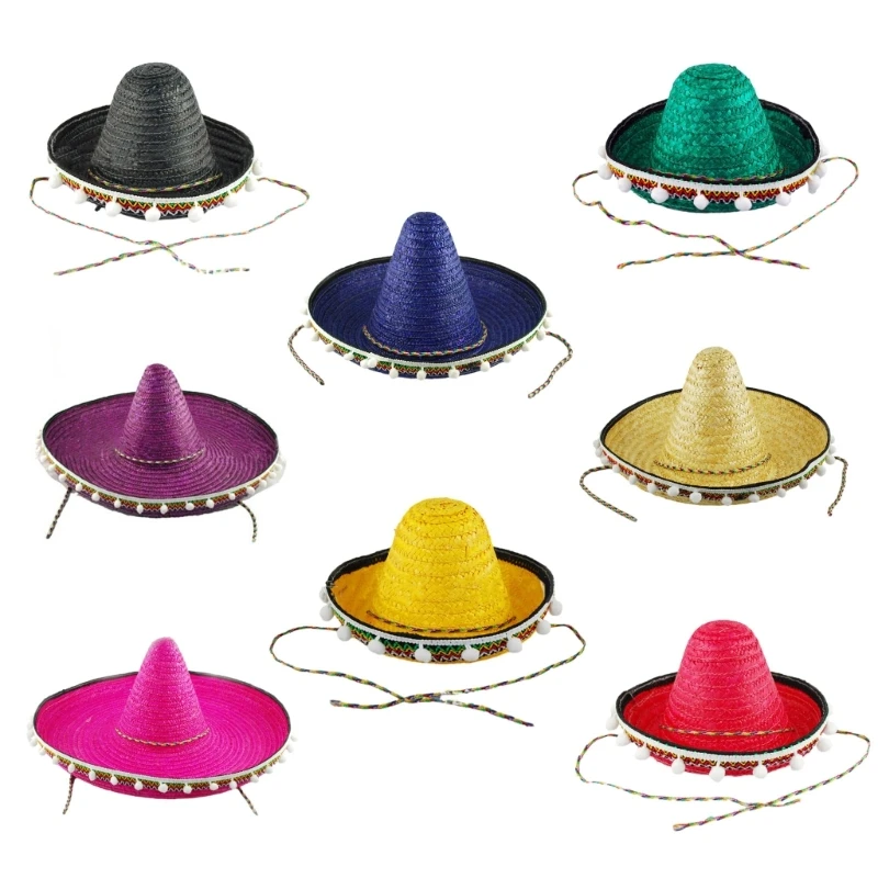 

Handmade Mexican Sombrero Hat with White Pompoms 20/40/60cm Diameter Colorful Straw Hat Women Men Party Outdoor Sunproof Cap