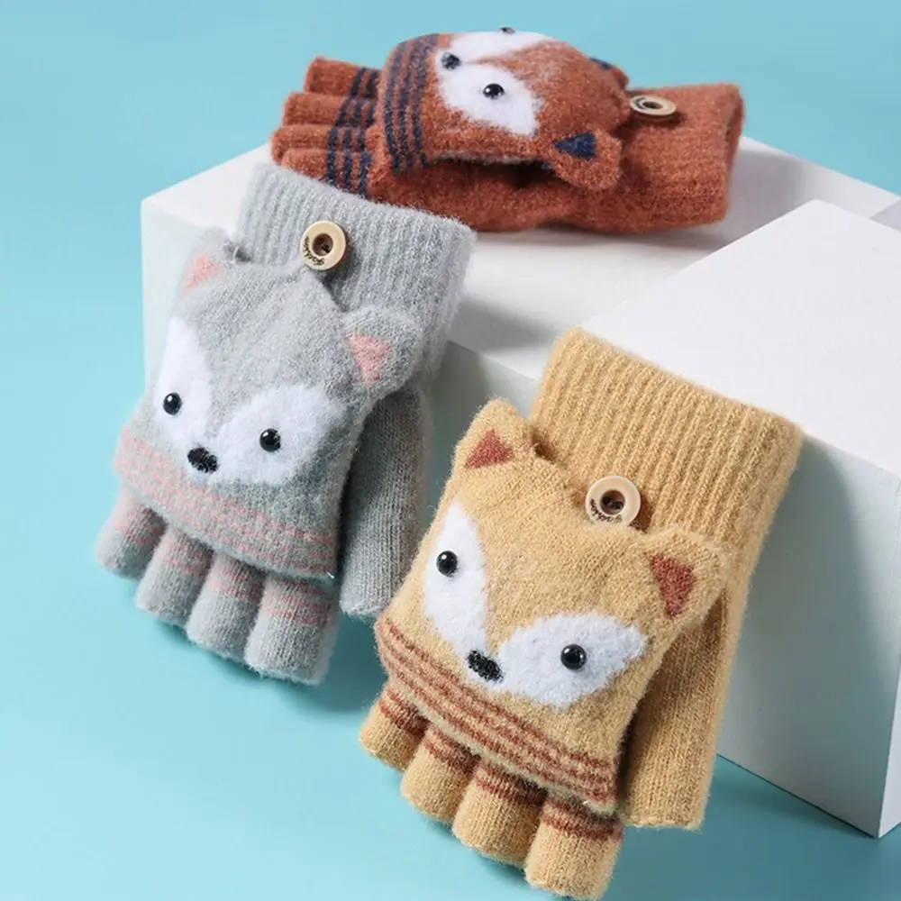 Autumn Winter Children Knitted Gloves Flip Fingerless Gloves Cute Cartoon Fox Warm Half-Finger Gloves 3