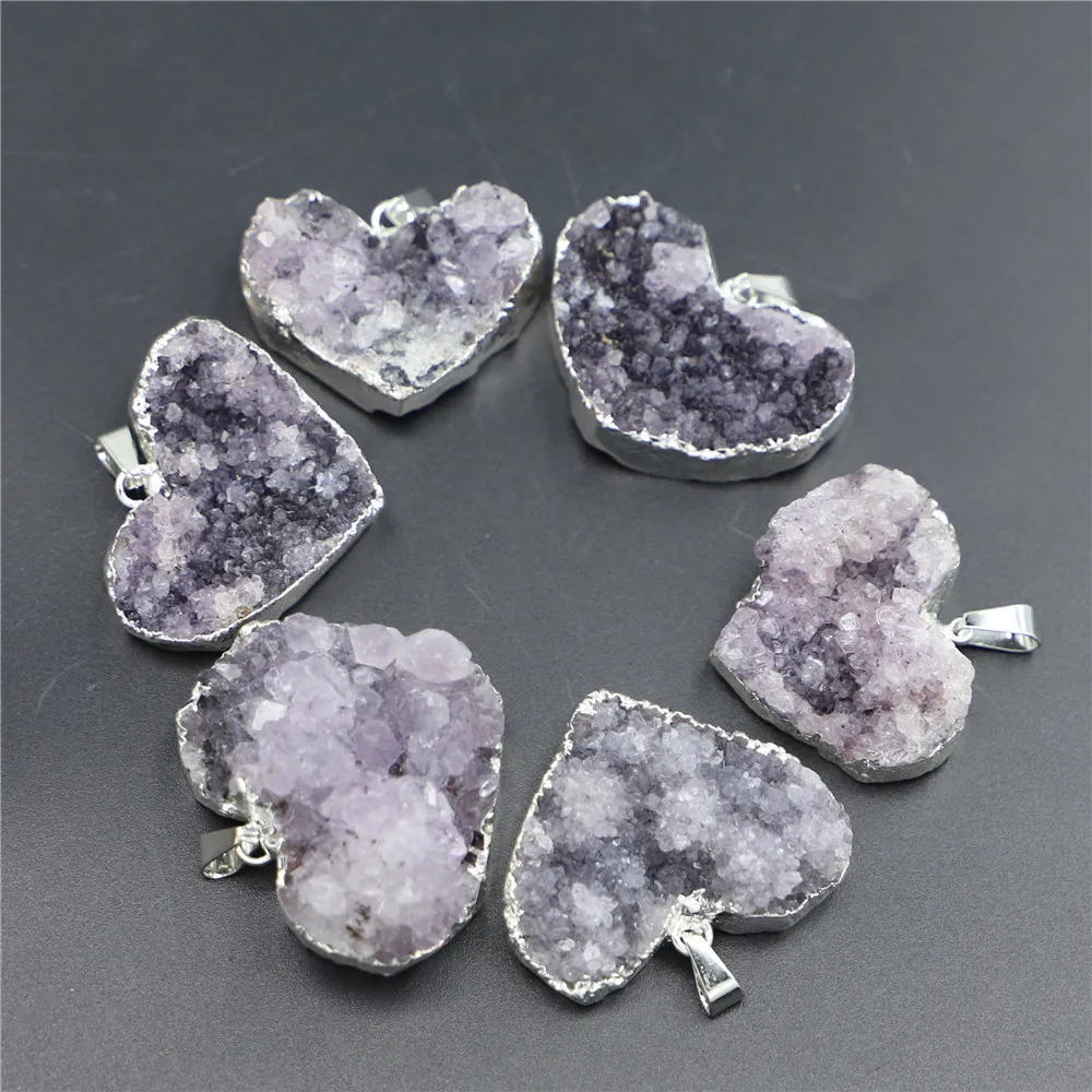 Natural Stone Amethysts Pendants Heart Silver Spiritual Designer Charms Healing Crystals Jewelry Making DIY Necklace Accessories