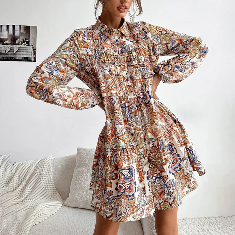 

Summer Retro Printed Short Woman Dress New Elegant Ladies Turn-down Collar Buttons Shirt Dresses Chiffon A-line Mini Vestidos XL