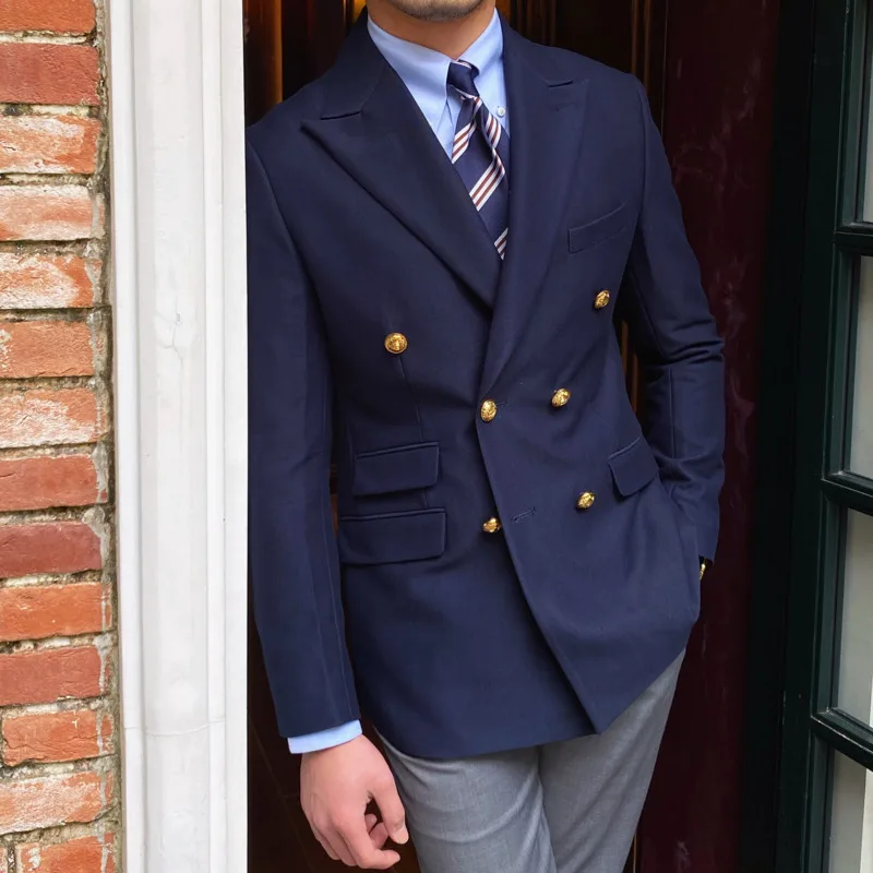 Mens Suits British Daily Blazer Double Breasted Slim Solid Color Casual Trendy