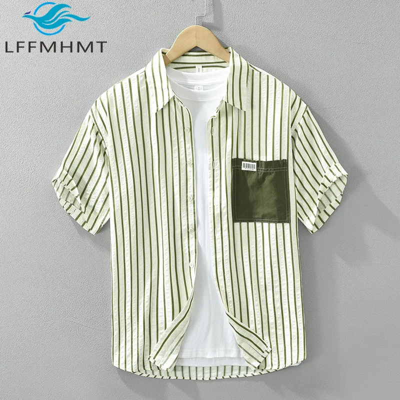 

3762 Men's Striped Fashion Shirt Summer Classical Short Sleeve Pocket Patchwork Fresh Style Loose Casual Blouse Teens Cozy Tops