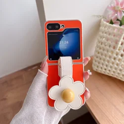 3D Floral Leather Wristband Phone Case with Plating Silver Frame - Shockproof Cover - Galaxy Z Flip5 (Orange)