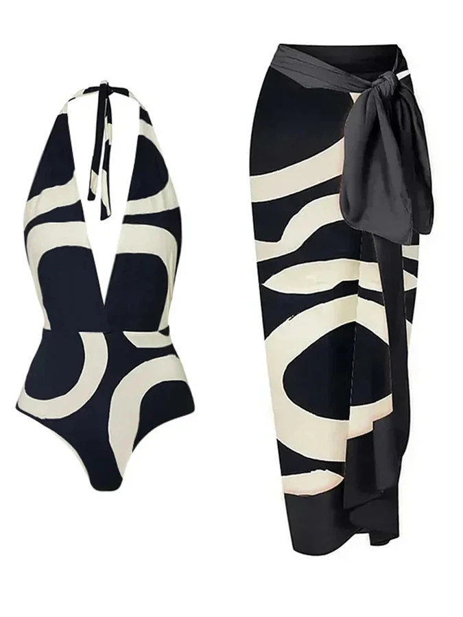 

Black And White Printed Swimsuit With Deep V Halter Strap Design Sexy One-piece Women's Summer Swimsuit And Long Cover Up 2023