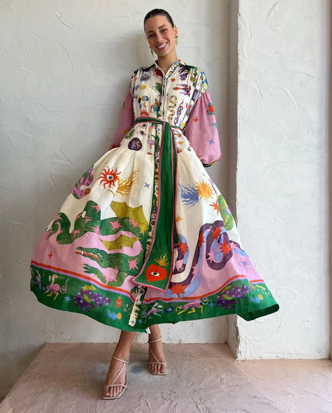 

2023 Super-large Pendulum Polo Neck Printed Skirt Spring New Retro French Palace Style Pleated Long Sleeve Loose Jumpsuit Dress
