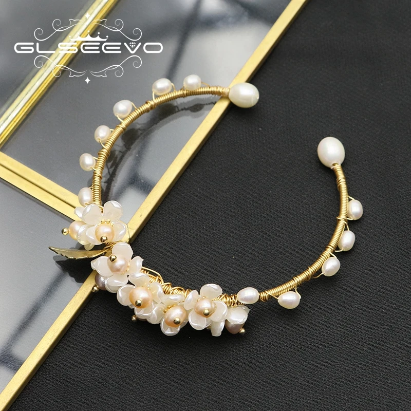 

GLSEEVO Metal Winding Natural Freshwater Pearls White Pearl Flowers Plant Leaves Woman Bracelet New Design Luxury JewelryGB0982