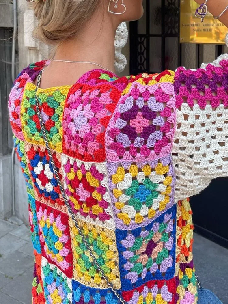 Cardigan Lungo Donna A Blocchi Di Colore - Maniche Lunghe, Righe Boho - Rosa Arcobaleno - Taglie S/M/L/XL - Rothstone