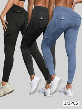 1/3 PCS Washed Print Work Pocket Women Leggings Elastic Butt Lifting Fitness Tights 2025 New Athletic Pants Fashion Streetwear 1