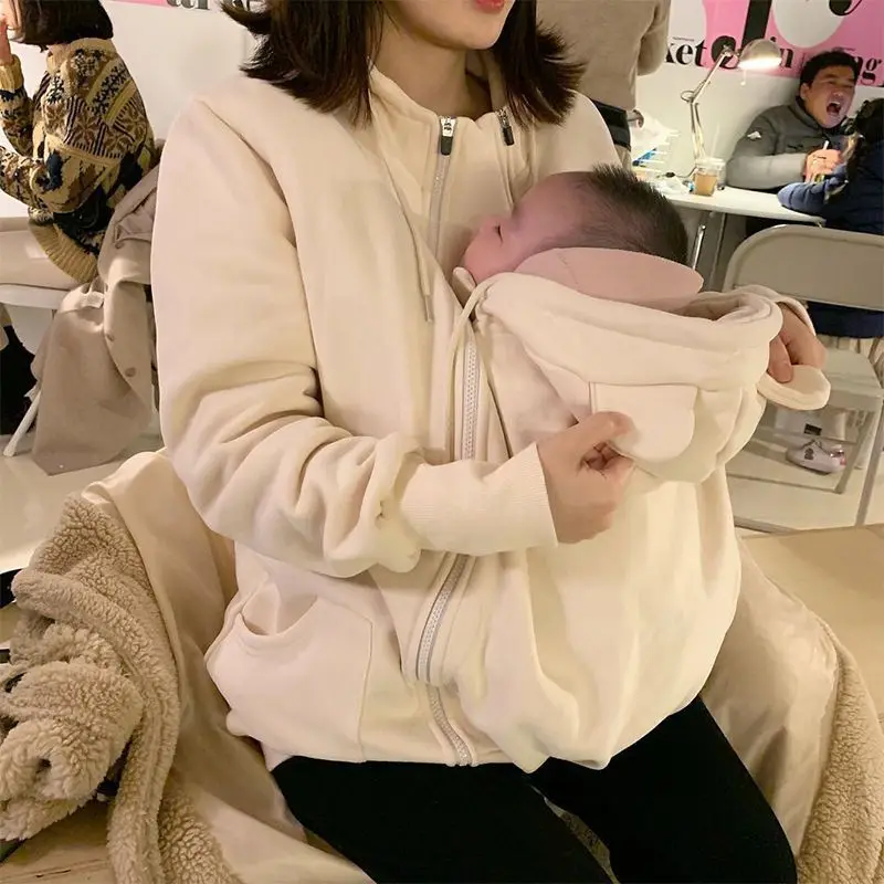Extra Large Kangaroo Mommy And Baby Onesie Thiened Fce Nursing Coat Autumn Winter Outerwear for Women Comfortable Hoodie